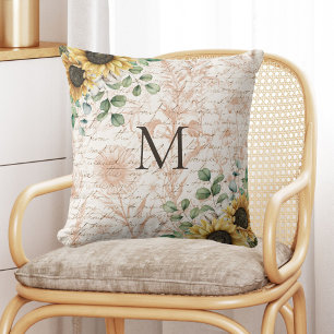 Monogrammierte Vintage-Rustikal-Sonnenblumen-Kalli Kissen