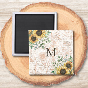 Monogrammierte Vintage-Rustikale-Sonnenblume-Decou Magnet