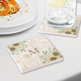 Monogrammierte Vintage-Rustikale-Sonnenblume-Decou Steinuntersetzer