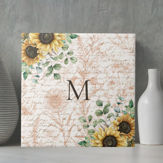 Monogrammierte Vintage-Rustikale Sonnenblumen-Kall Fliese