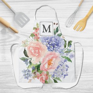 Monogrammierte Wasserfarbe Blau Rosa Frühlingsflor Schürze