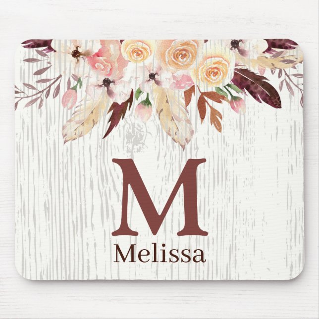 Monogrammierte Wasserfarben-Blumen auf rustikalem  Mousepad (Vorne)