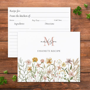 Monogrammierte Wasserfarben-Wildblumen-Rezeptkarte