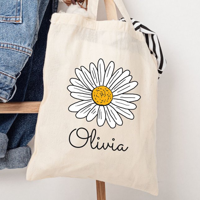 Monogrammierte weiße Daisy-Blumen Tragetasche (In situ)