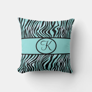 Monogrammierte Zebramuster Teal Türkis Aqua Schwar Kissen