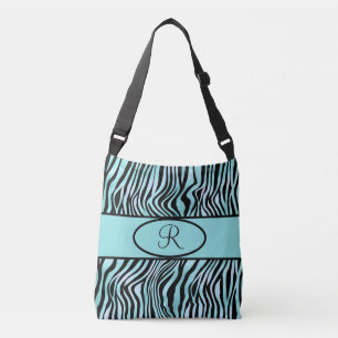 Monogrammierte Zebrastreifen Türkis Teal und Schwa Tragetaschen Mit Langen Trägern
