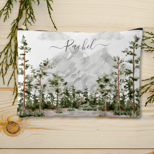 Monogrammierter Aquarell-Berg und -Wald Zubehörtasche
