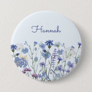 Monogrammierter blauer Aquarell-Wildblumengarten Button