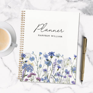 Monogrammierter blauer Aquarell-Wildblumengarten Planer