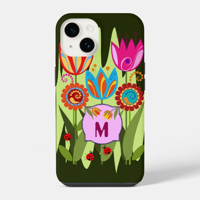 Monogrammierter Frühling mit Tulpen iPhone Hülle (Rückseite)
