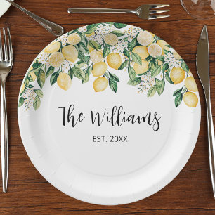 Monogrammierter gelber Zitronenbaum Pappteller