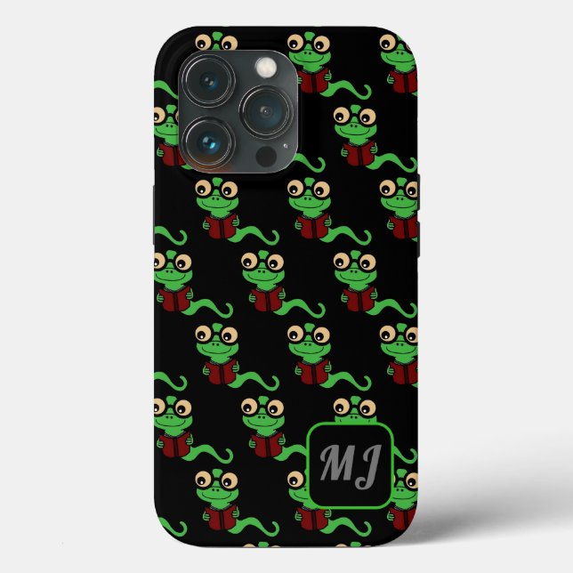 Monogrammierter glücklicher Bücherwurm Schwarz Case-Mate iPhone Hülle (Rückseite)