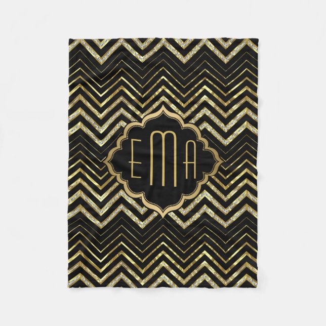 Monogrammierter Gold Glitzer & Zigzag Zickzack Mus Fleecedecke (Vorderseite)