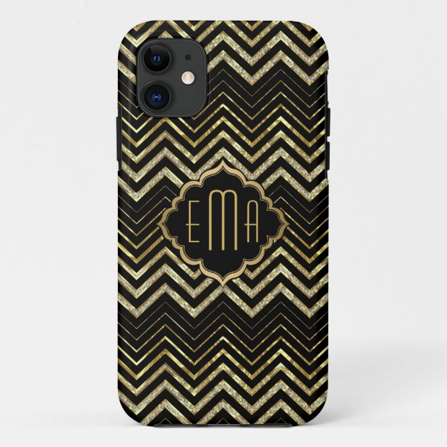Monogrammierter Gold Glitzer Zigzag Zickzack Muste Case-Mate iPhone Hülle (Rückseite)