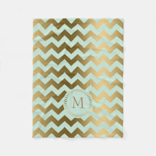 Monogrammierter Gold & Mint-Green Zigzag Zickzack Fleecedecke