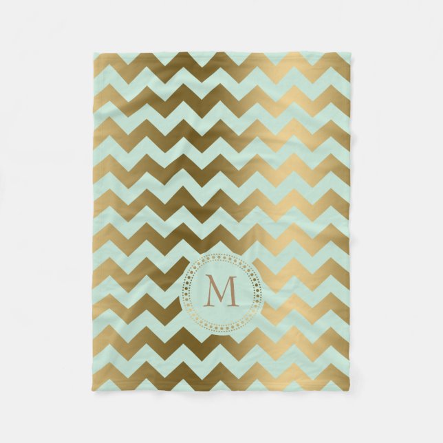 Monogrammierter Gold & Mint-Green Zigzag Zickzack Fleecedecke (Vorderseite)