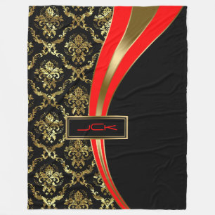 Monogrammierter Gold Red & Black Floral Damask 2 Fleecedecke