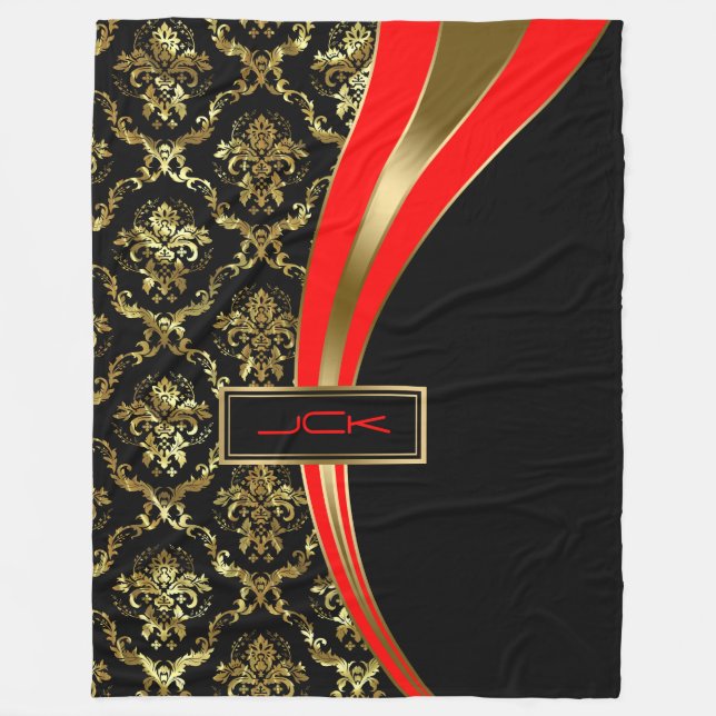 Monogrammierter Gold Red & Black Floral Damask 2 Fleecedecke (Vorderseite)