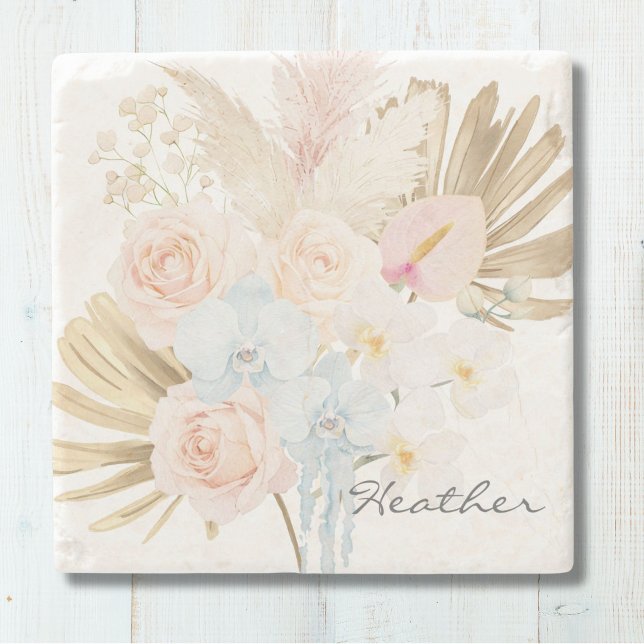 Monogrammierter hübscher tropischer Blumenstrauß F Steinuntersetzer (Von Creator hochgeladen)