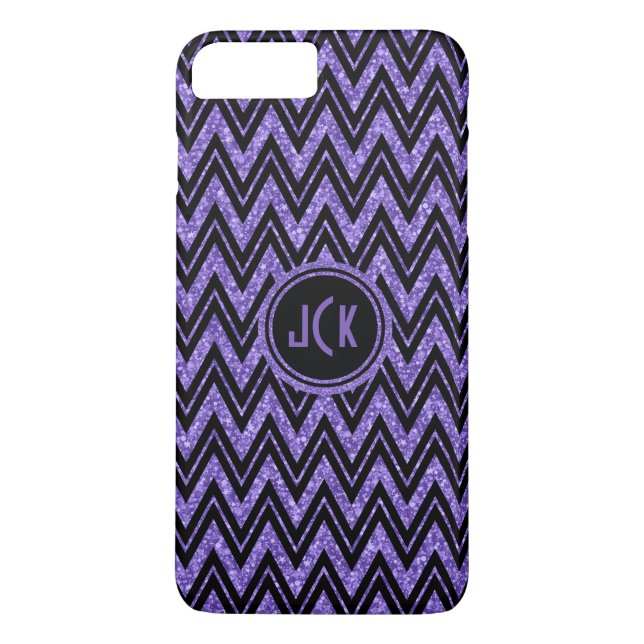 Monogrammierter Lila Glitzer und Black Zigzag Zick Case-Mate iPhone Hülle (Rückseite)