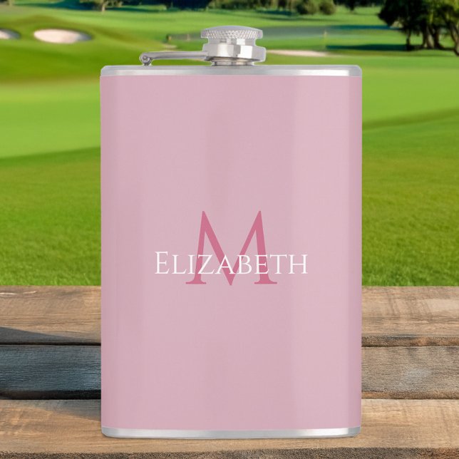 Monogrammierter Name Anfangsbuchstabe Pink Maßgesc Flachmann (Monogrammed Name Initial Pink Custom Flask)