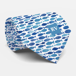 Monogrammierter Nautischer Blauer Fischschwarm Krawatte