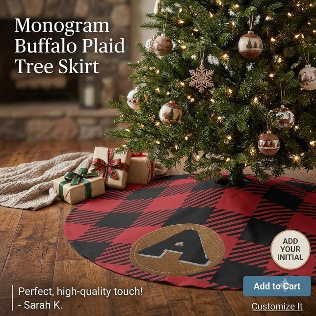 Monogrammierter roter Buffalo-Karo-Weihnachts- Polyester Weihnachtsbaumdecke (Von Creator hochgeladen)
