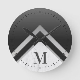 Monogrammierter schwarzer Silber-Chevron-Marmor Runde Wanduhr