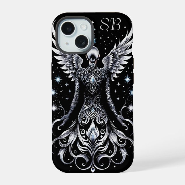 Monogrammierter schwarzer und silberner Tattoo-Eng iPhone 15 Hülle (Rückseite)