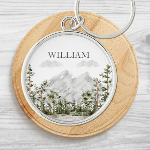 Monogrammierter Wasserfarbenberg und -wald Schlüsselanhänger