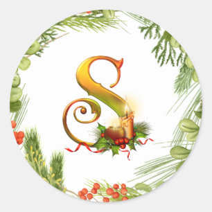 Monogrammierter Weihnachtsaufkleber mit Kranz Runder Aufkleber