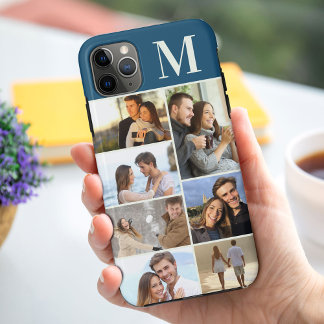 Monogrammiertes 7-Foto-Collage auf Türkis-Pfauenbl Case-Mate iPhone Hülle