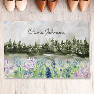 Monogrammiertes Aquarell Blau Lila Blumenwiese Fußmatte