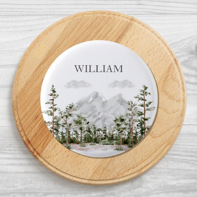 Monogrammiertes Aquarell-Gebirge und -Wald Button (Close up)