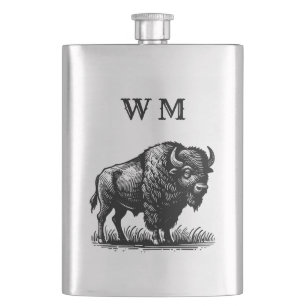 Monogrammiertes Bison Buffalo auf Stahlkolben Flachmann