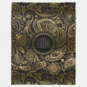 Monogrammiertes Black Gold Paisley Muster Fleecedecke