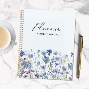 Monogrammiertes blaues Aquarell-Wildblumenfeld Planer
