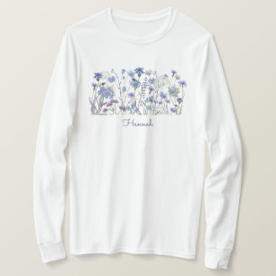 Monogrammiertes blaues Aquarell-Wildblumenfeld T-Shirt