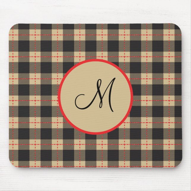 Monogrammiertes braun-schwarz-rotes Büffel-Karo Mousepad (Vorne)