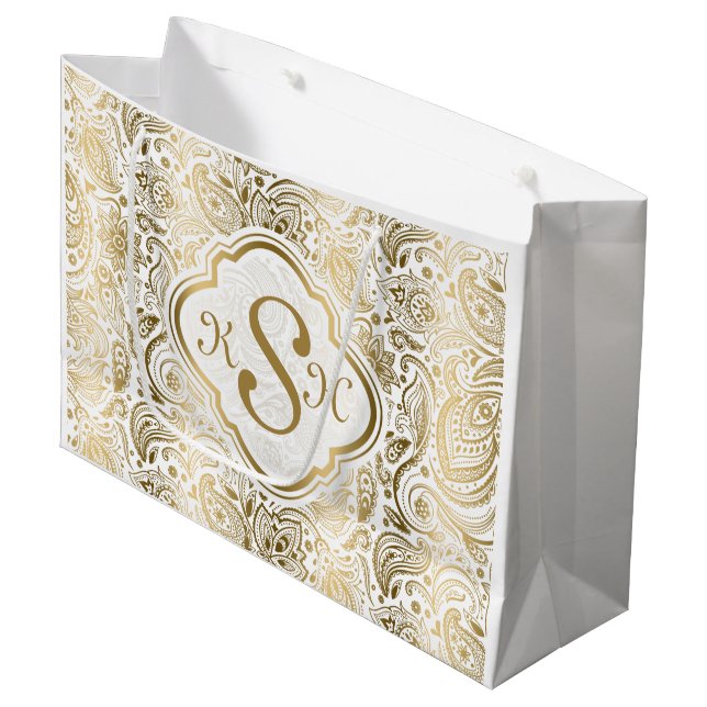 Monogrammiertes Gold & White Vintag Paisley Muster Große Geschenktüte (Vorderseite Schrägansicht)