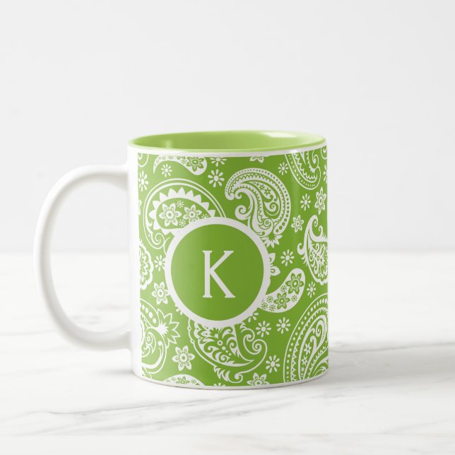 Monogrammiertes Green & White Vintag Paisley Zweifarbige Tasse (Links)