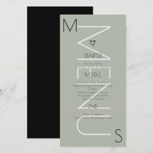 Monogrammiertes Herz-Hochzeitsmenü in Salbei