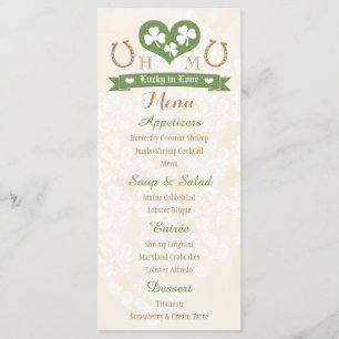 Monogrammiertes 'Lucky in Love Shamrock'-Hochzeits Menükarte