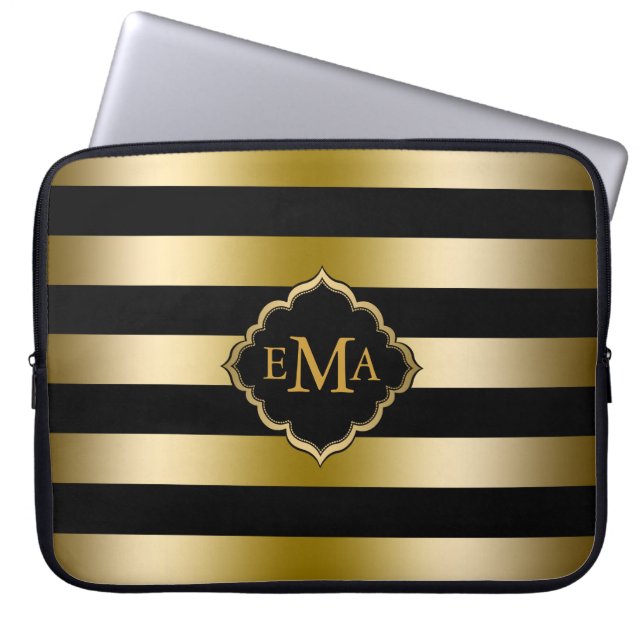 Monogrammiertes Muster aus Gold und schwarzen Stre Laptopschutzhülle (Vorderseite)