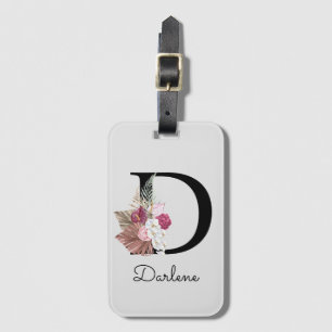 Monogrammiertes rosa Boho-Blumeninitial D Gepäckanhänger