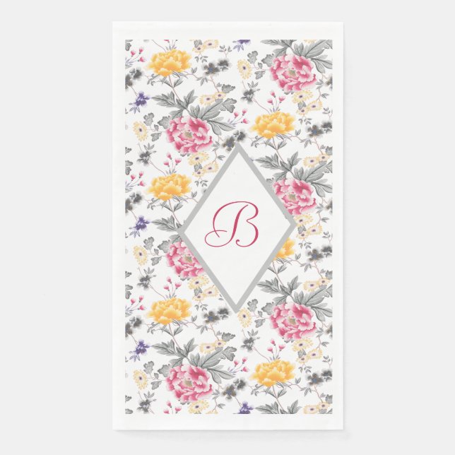 Monogrammiertes Rosa und Gelbe Rosen Papier Napkin Serviette (Vorderseite)