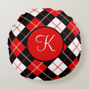 Monogrammiertes Rot Schwarz Weiß Argyle Karo Rundes Kissen