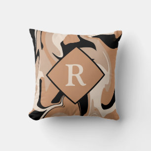 Monogrammiertes Schwarz Braun Creme Marmor Kissen