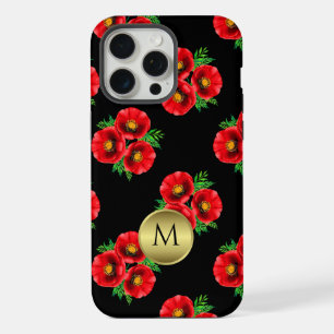 Monogrammiertes Schwarz-Rot-Mohn-Blumenmuster iPhone 15 Pro Max Hülle