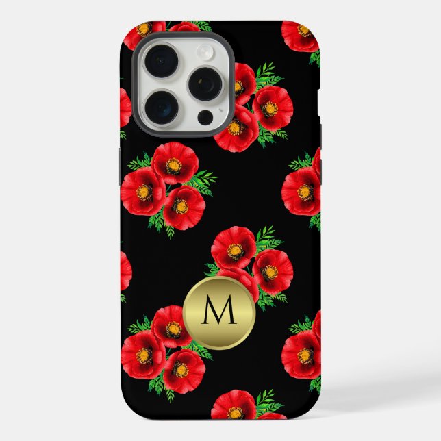 Monogrammiertes Schwarz-Rot-Mohn-Blumenmuster  iPhone Hülle (Rückseite)